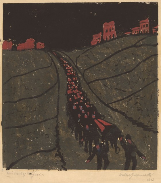 a funeral procession carries a caskey down a hill 